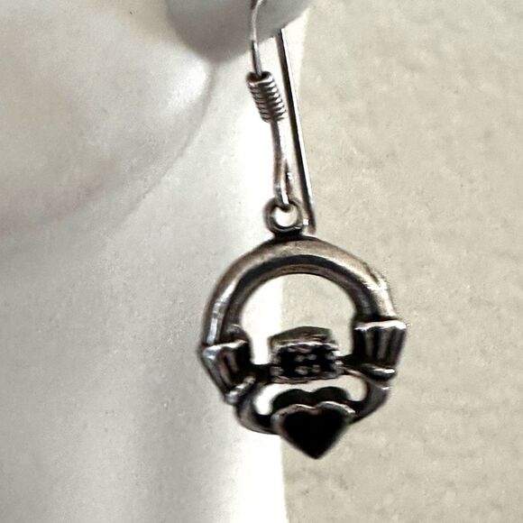 Sterling Silver Claddagh Earrings with Black Onyx Hearts - Picture 2 of 8